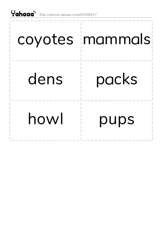 Word flashcards worksheet for coyotes, mammals, dens and 3 more