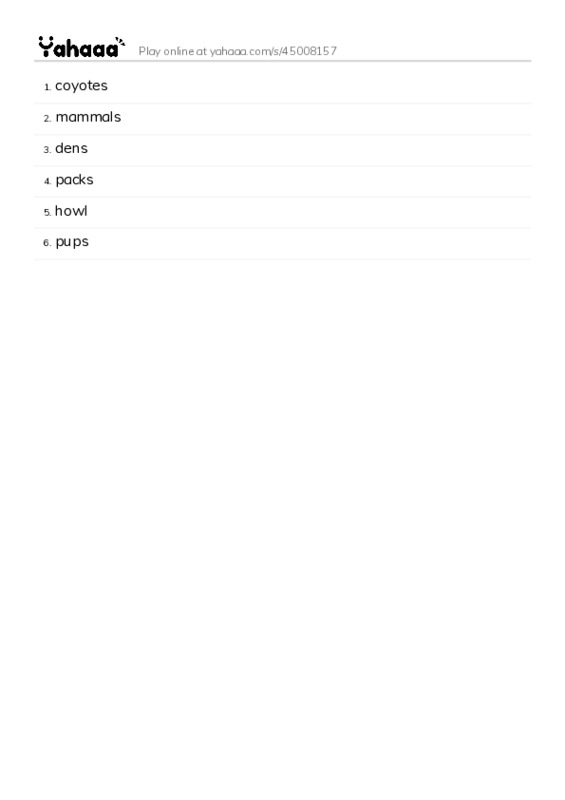 Word list with meanings worksheet for coyotes, mammals, dens and 3 more