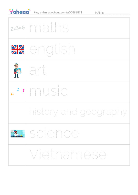 Picture and word rows worksheet for subject