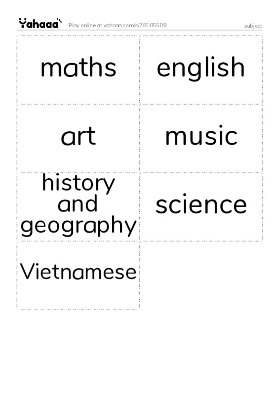 Word flashcards worksheet for subject
