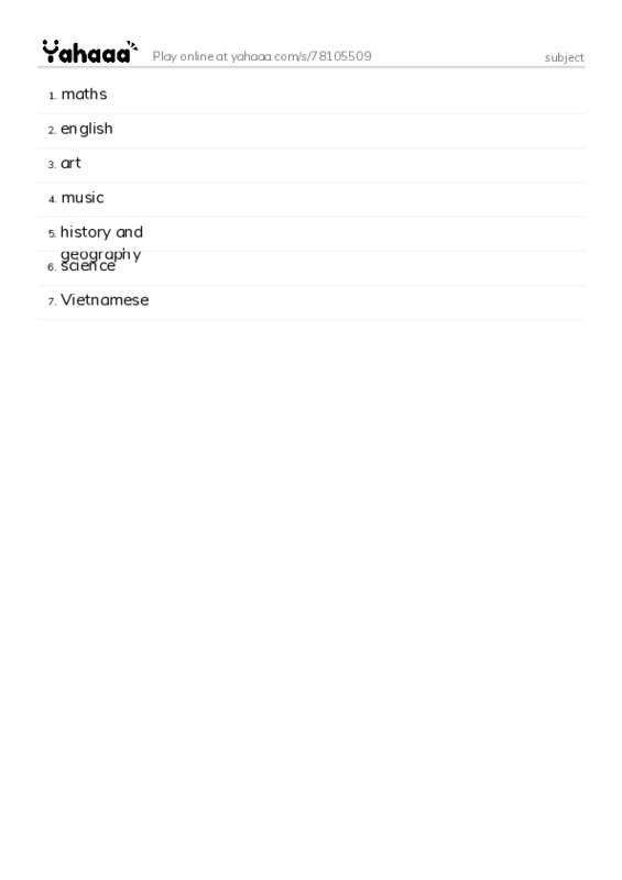 Word list with meanings worksheet for subject