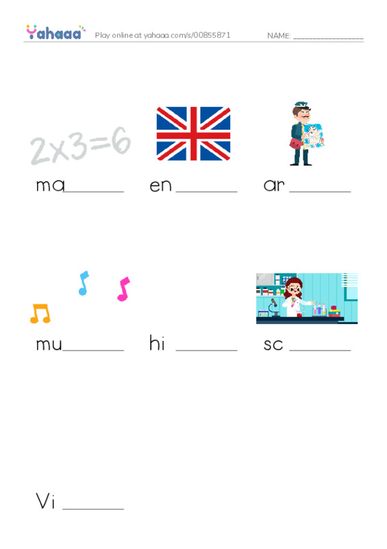 Finish the word worksheet for subject