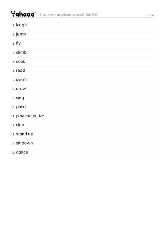 Word list with meanings worksheet for Can