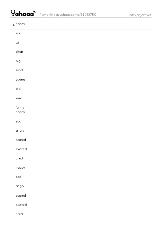 Word list with meanings worksheet for easy adjectives