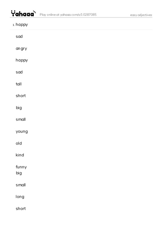 Word list with meanings worksheet for easy adjectives