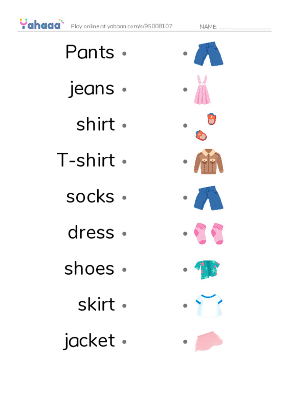 Draw a line to match worksheet for Clothes