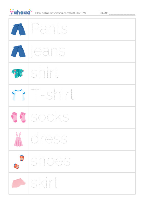 Picture and word rows worksheet for Clothes