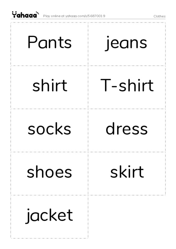 Word flashcards worksheet for Clothes