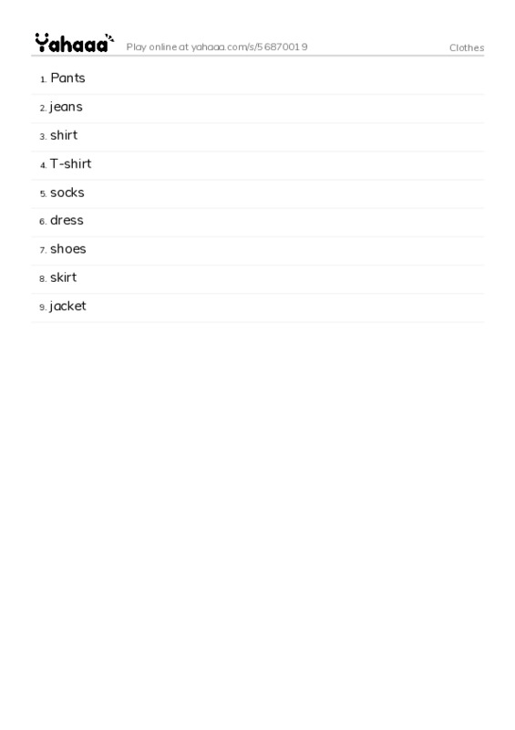 Word list with meanings worksheet for Clothes