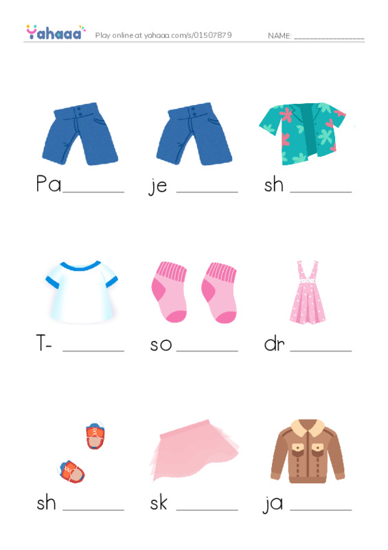 Finish the word worksheet for Clothes