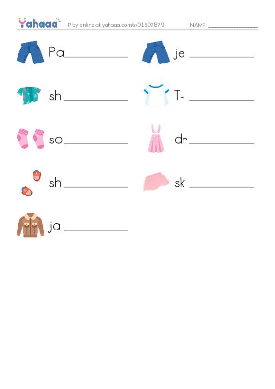 Write the word rows worksheet for Clothes