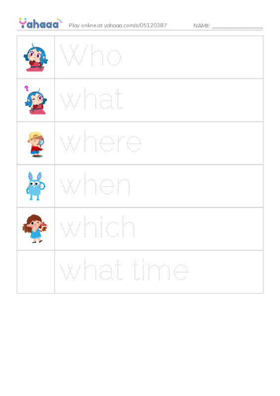 Picture and word rows worksheet for Wh questions