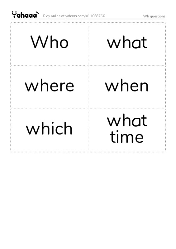 Word flashcards worksheet for Wh questions