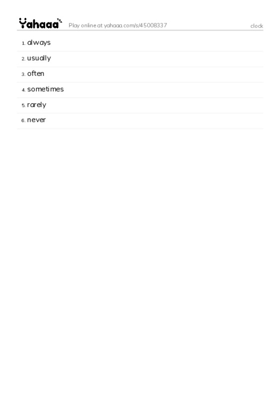 Word list with meanings worksheet for clock