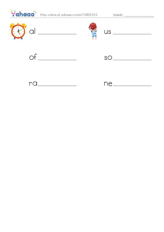 Write the word rows worksheet for clock