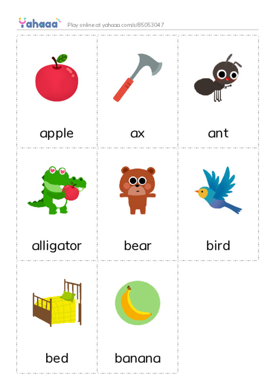 Picture flashcards worksheet for apple, ax, ant and 5 more