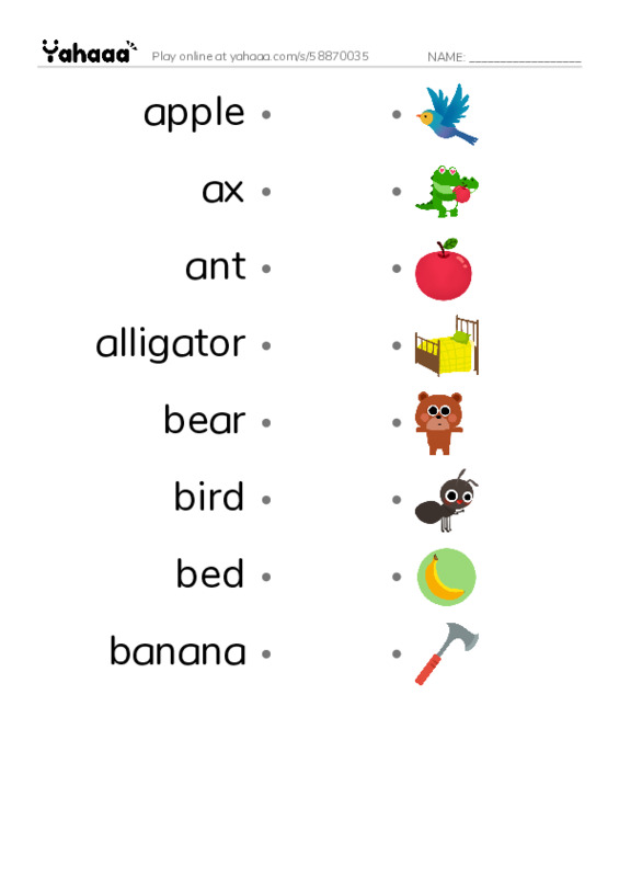 Draw a line to match worksheet for apple, ax, ant and 5 more