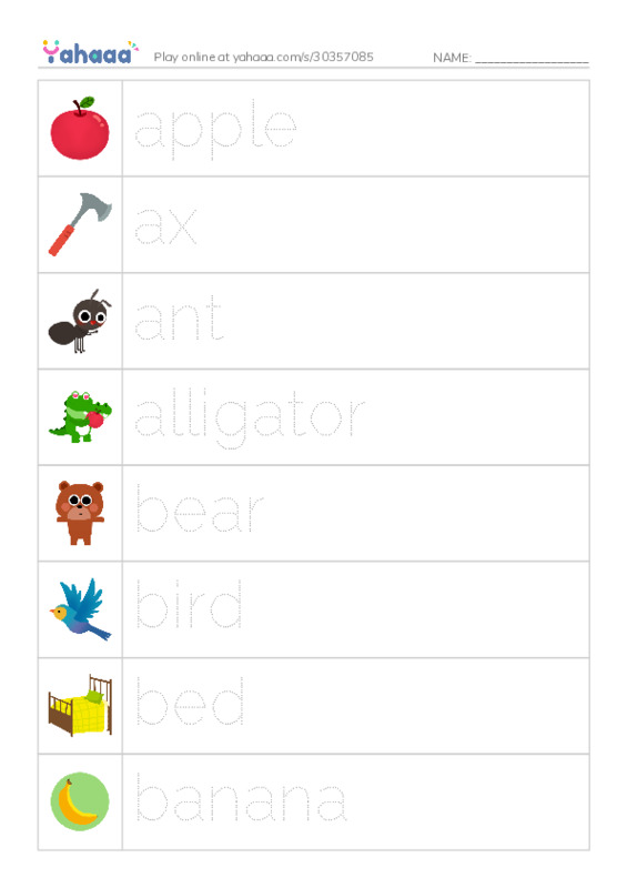 Picture and word rows worksheet for apple, ax, ant and 5 more