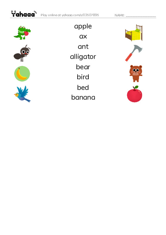 Match both sides worksheet for apple, ax, ant and 5 more