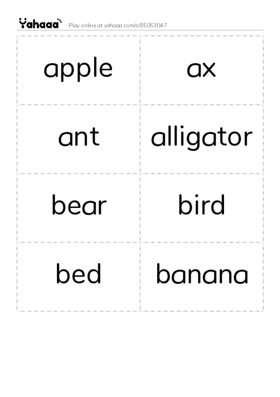 Word flashcards worksheet for apple, ax, ant and 5 more