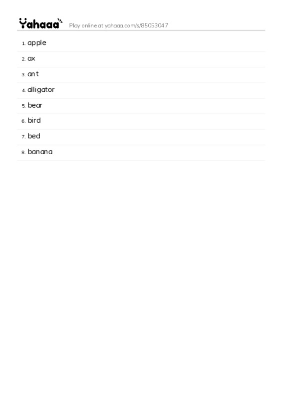 Word list with meanings worksheet for apple, ax, ant and 5 more
