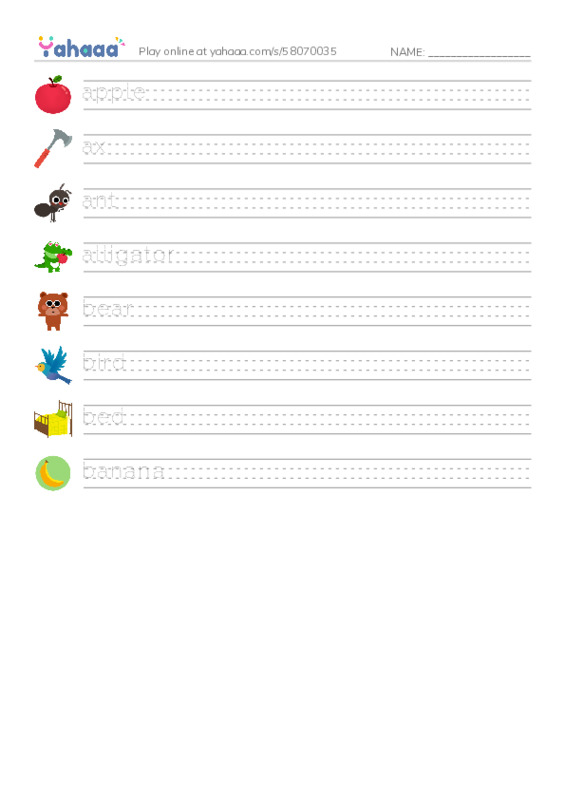 Handwriting lines worksheet for apple, ax, ant and 5 more