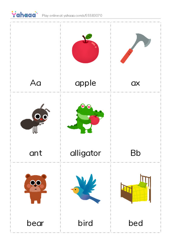 Picture flashcards worksheet for Aa, apple, ax and 7 more