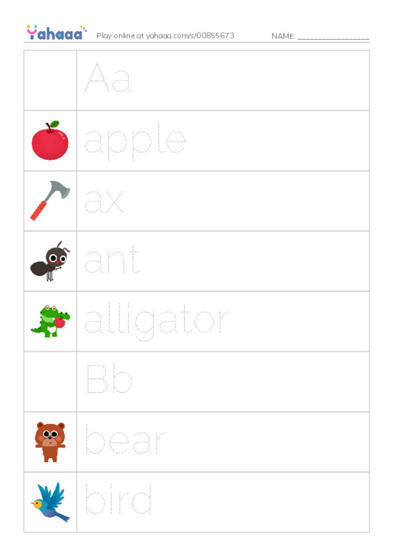 Picture and word rows worksheet for Aa, apple, ax and 7 more