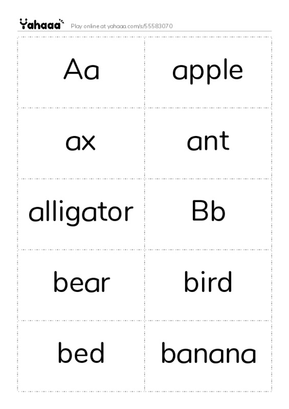 Word flashcards worksheet for Aa, apple, ax and 7 more