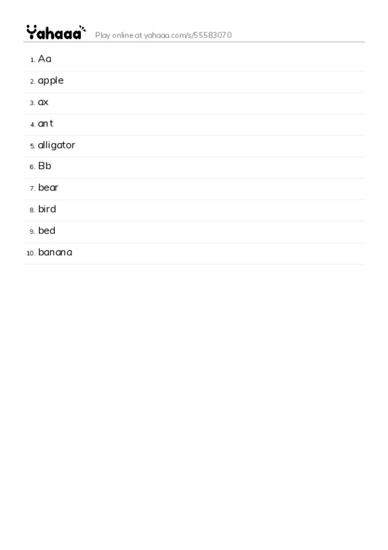 Word list with meanings worksheet for Aa, apple, ax and 7 more
