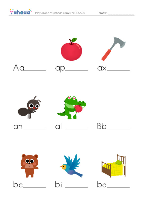 Finish the word worksheet for Aa, apple, ax and 7 more