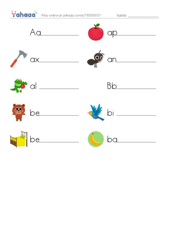 Write the word rows worksheet for Aa, apple, ax and 7 more
