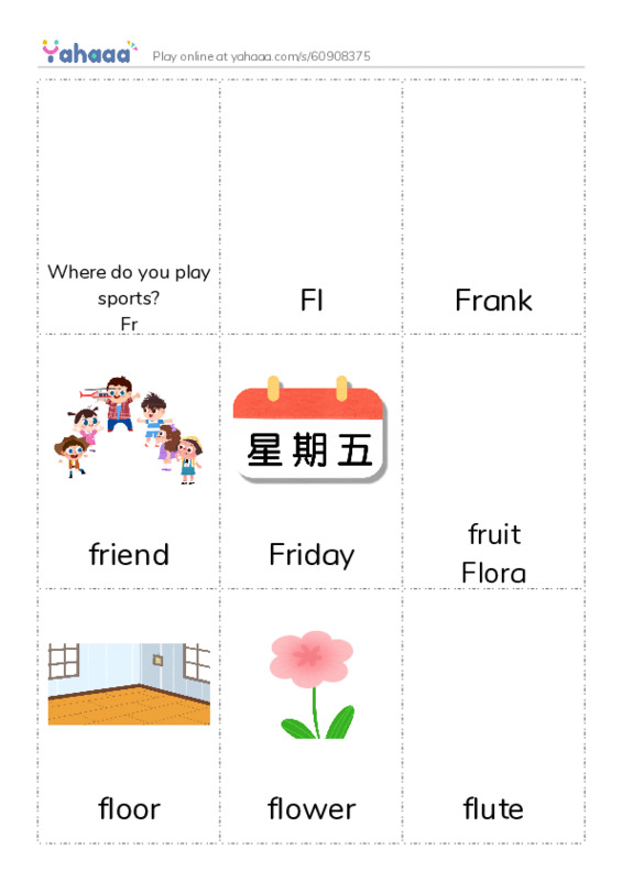 Picture flashcards worksheet for Where do you play sports?
Fr, Fl, Frank and 12 more