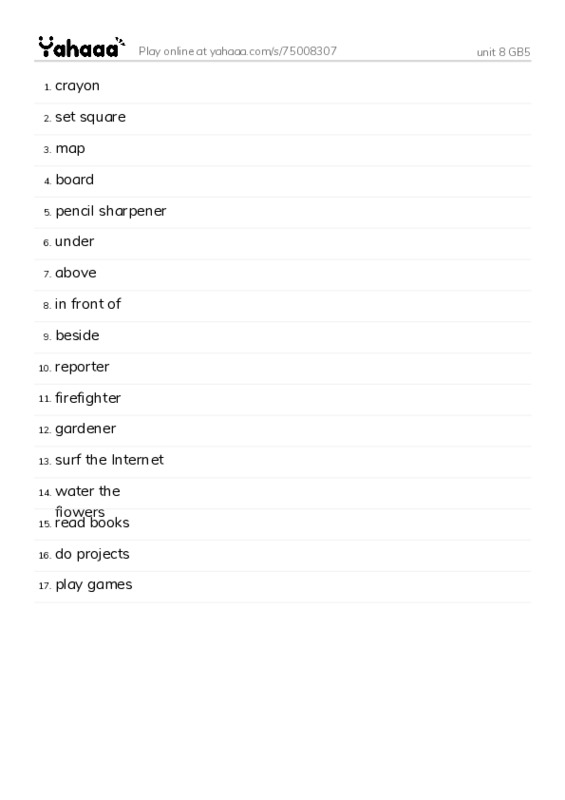 Word list with meanings worksheet for unit 8 GB5