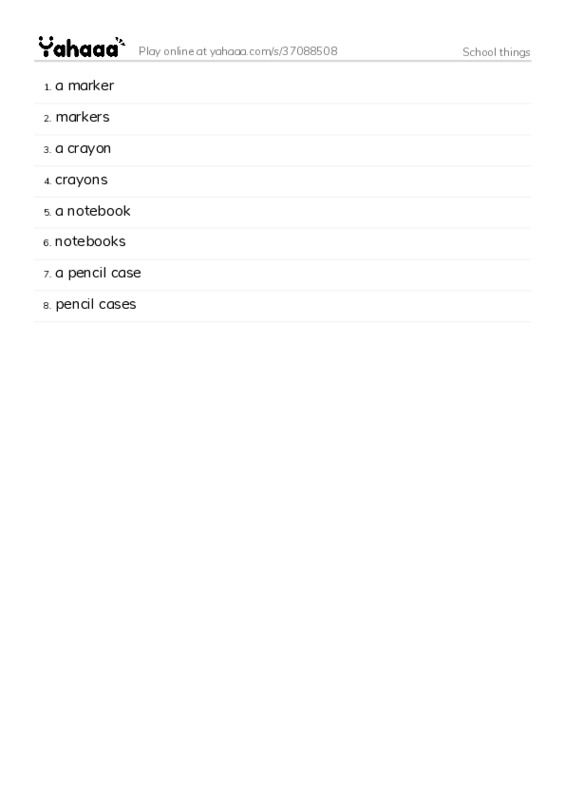 Word list with meanings worksheet for School things