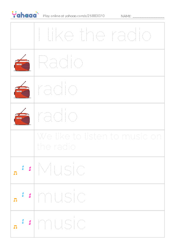 Picture and word rows worksheet for I like the radio, Radio, radio and 10 more