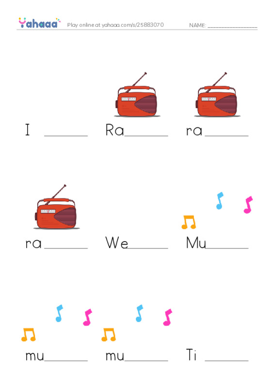 Finish the word worksheet for I like the radio, Radio, radio and 10 more