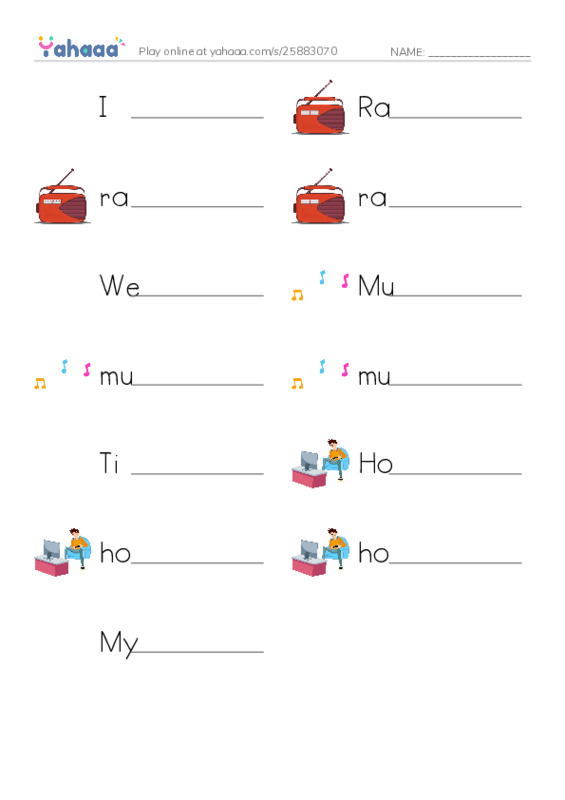 Write the word rows worksheet for I like the radio, Radio, radio and 10 more