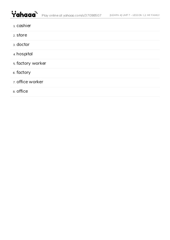 Word list with meanings worksheet for [ILEARN 4] UNIT 7 - LESSON 1,2: MY FAMILY
