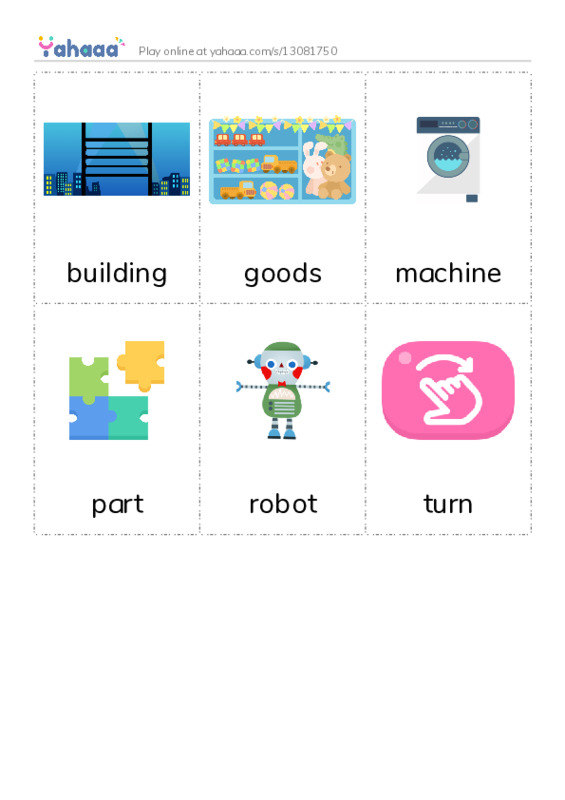 Picture flashcards worksheet for building, goods, machine and 3 more