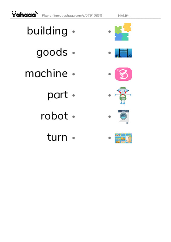 Draw a line to match worksheet for building, goods, machine and 3 more