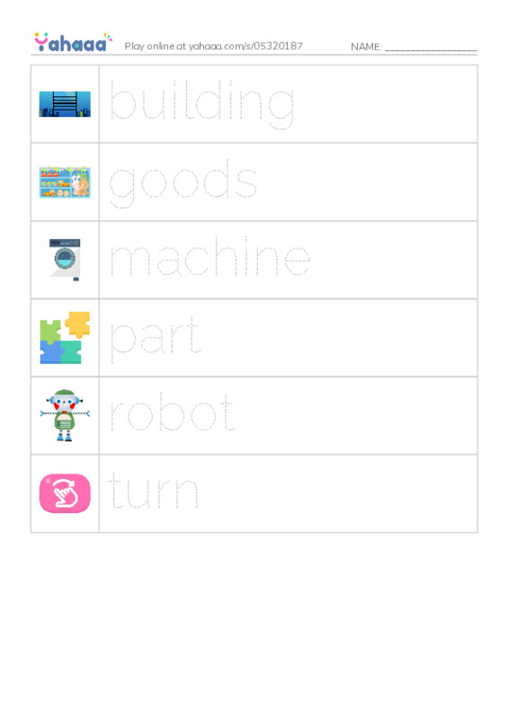 Picture and word rows worksheet for building, goods, machine and 3 more