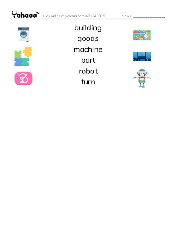 Match both sides worksheet for building, goods, machine and 3 more