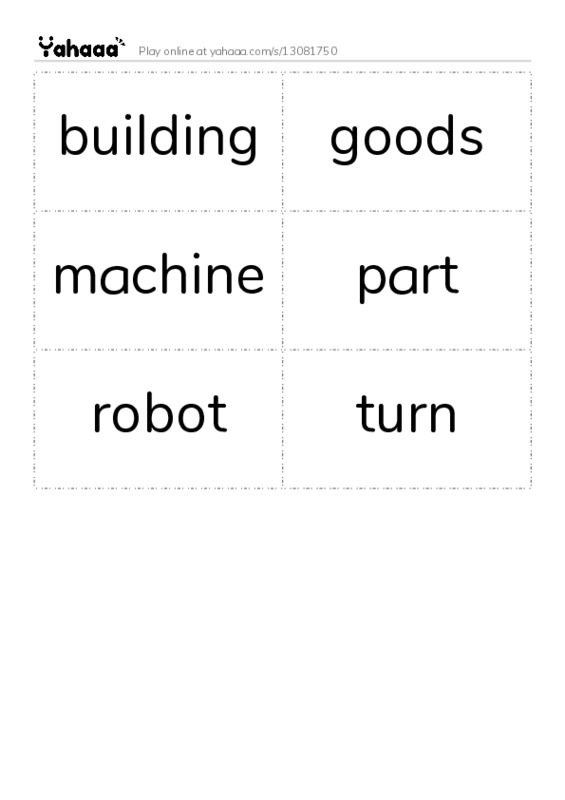 Word flashcards worksheet for building, goods, machine and 3 more