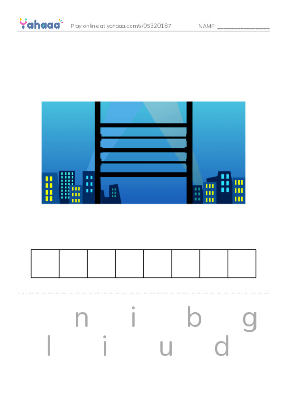 Letter scramble puzzle worksheet for building, goods, machine and 3 more