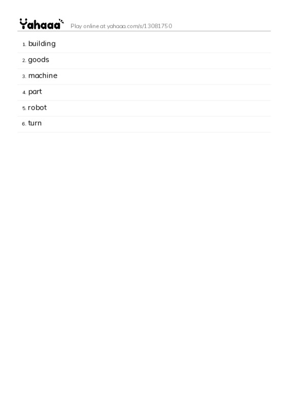 Word list with meanings worksheet for building, goods, machine and 3 more