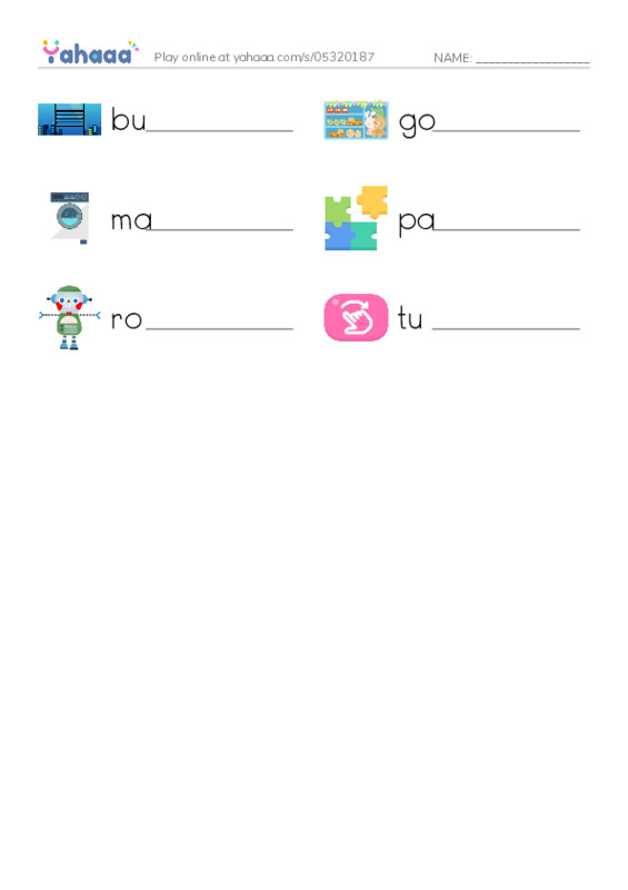 Write the word rows worksheet for building, goods, machine and 3 more