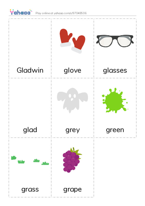 Picture flashcards worksheet for Gladwin, glove, glasses and 5 more