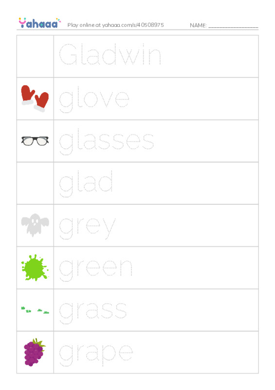 Picture and word rows worksheet for Gladwin, glove, glasses and 5 more