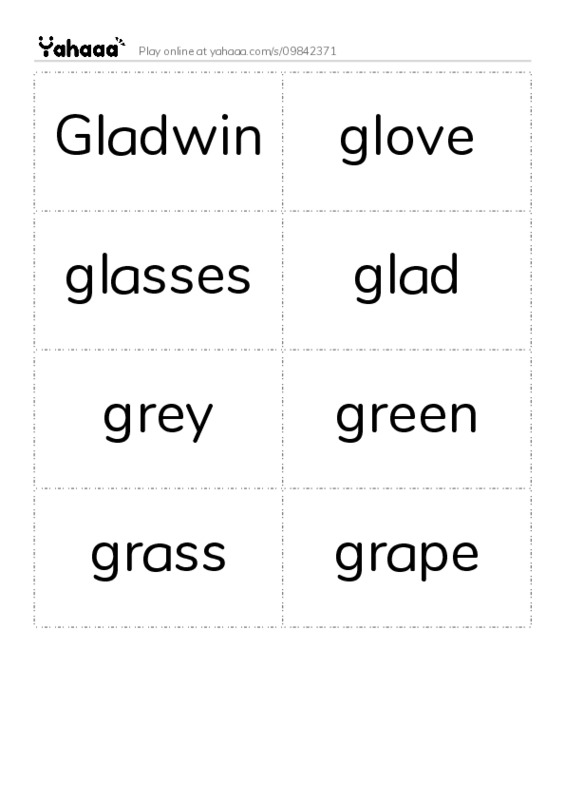 Word flashcards worksheet for Gladwin, glove, glasses and 5 more